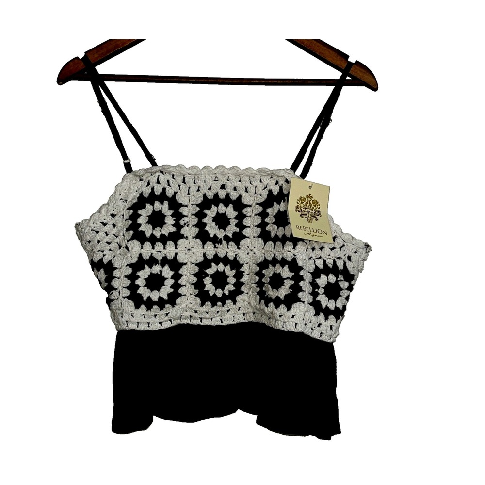 Rebellion Again Womens Tank Top Medium Crop Black White Crocheted Ruffle NEW